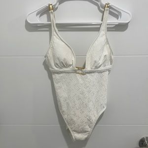 St John Swim Women white Logo Gold One Piece Swimsuit NWT Vintage Sz 4